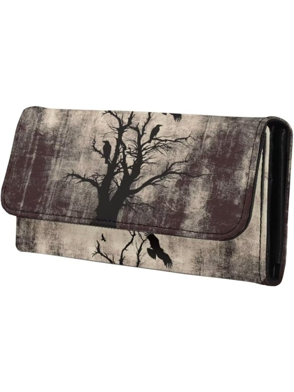 🎃Women's Tree Bird Purse Black PU Leather Slim Wallet Long Trifold Purse